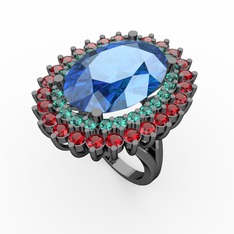 Neşe Yüzük - Akuamarin, yeşil kuvars ve garnet 925 ayar siyah rodyum kaplama gümüş yüzük #uh5by1