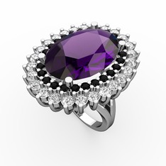 Ametist, siyah zirkon ve swarovski 18 ayar beyaz altın yüzük