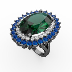 Yeşil kuvars, swarovski ve lab safir 925 ayar siyah rodyum kaplama gümüş yüzük