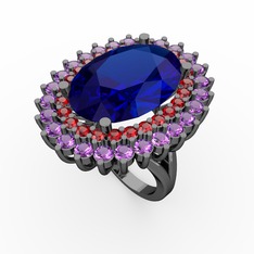 Neşe Yüzük - Lab safir, garnet ve ametist 925 ayar siyah rodyum kaplama gümüş yüzük #wf40eg