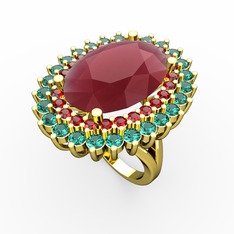 Kök yakut, garnet ve yeşil kuvars 14 ayar altın yüzük