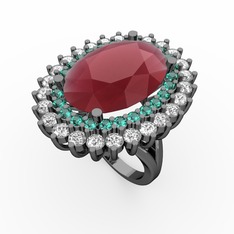 Neşe Yüzük - Kök yakut, yeşil kuvars ve swarovski 925 ayar siyah rodyum kaplama gümüş yüzük #wvew85