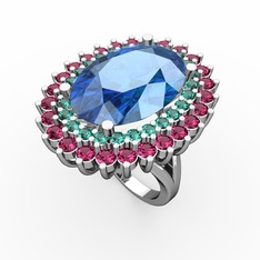 Akuamarin, yeşil kuvars ve rodolit garnet 14 ayar beyaz altın yüzük
