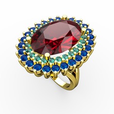 Garnet, yeşil kuvars ve lab safir 18 ayar altın yüzük