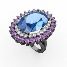 Neşe Yüzük - Akuamarin, swarovski ve ametist 925 ayar siyah rodyum kaplama gümüş yüzük #y7c6ny