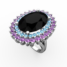 Neşe Yüzük - Siyah zirkon, akuamarin ve ametist 925 ayar gümüş yüzük #yj8794