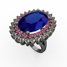 Lab safir, rodolit garnet ve dumanlı kuvars 925 ayar siyah rodyum kaplama gümüş yüzük