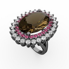 Neşe Yüzük - Dumanlı kuvars, rodolit garnet ve swarovski 925 ayar siyah rodyum kaplama gümüş yüzük #zcfso