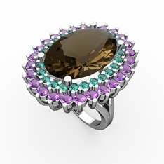 Dumanlı kuvars, yeşil kuvars ve ametist 14 ayar beyaz altın yüzük