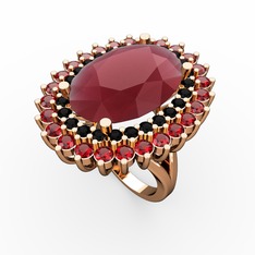Kök yakut, siyah zirkon ve garnet 925 ayar rose altın kaplama gümüş yüzük
