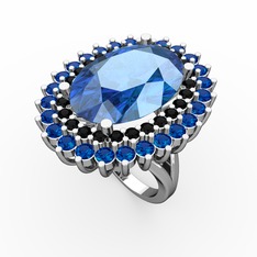 Neşe Yüzük - Akuamarin, siyah zirkon ve lab safir 14 ayar beyaz altın yüzük #ztsocc