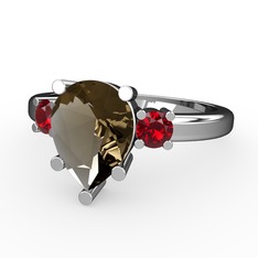 Tria Yüzük - Dumanlı kuvars ve garnet 14 ayar beyaz altın yüzük #14kn7p5