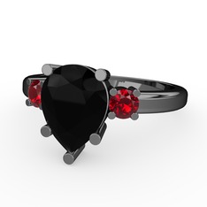 Tria Yüzük - Siyah zirkon ve garnet 925 ayar siyah rodyum kaplama gümüş yüzük #17794je