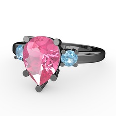 Tria Yüzük - Pembe kuvars ve akuamarin 925 ayar siyah rodyum kaplama gümüş yüzük #17f7jws