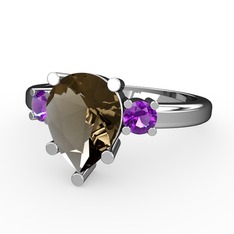 Tria Yüzük - Dumanlı kuvars ve ametist 18 ayar beyaz altın yüzük #1b1ijt5