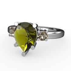 Peridot ve dumanlı kuvars 18 ayar beyaz altın yüzük