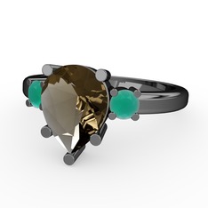 Tria Yüzük - Dumanlı kuvars ve kök zümrüt 925 ayar siyah rodyum kaplama gümüş yüzük #1l0910h