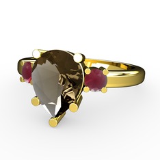 Tria Yüzük - Dumanlı kuvars ve kök yakut 18 ayar altın yüzük #1wx3b14