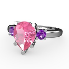 Tria Yüzük - Pembe kuvars ve ametist 14 ayar beyaz altın yüzük #5l59el