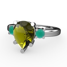 Tria Yüzük - Peridot ve kök zümrüt 14 ayar beyaz altın yüzük #7nfl40