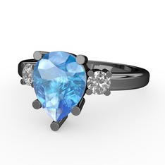 Akuamarin ve swarovski 925 ayar siyah rodyum kaplama gümüş yüzük