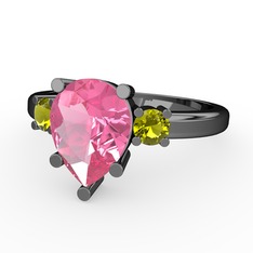 Tria Yüzük - Pembe kuvars ve peridot 925 ayar siyah rodyum kaplama gümüş yüzük #ig0v28