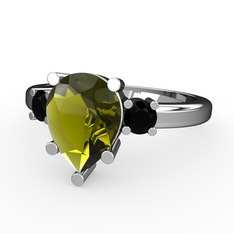 Peridot ve siyah zirkon 18 ayar beyaz altın yüzük
