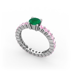 Kök zümrüt ve pembe kuvars 14 ayar beyaz altın yüzük