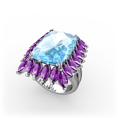 Akuamarin ve ametist 18 ayar beyaz altın yüzük