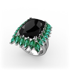 Paiva Yüzük - Siyah zirkon ve yeşil kuvars 14 ayar beyaz altın yüzük #12t8q7z