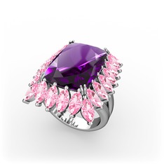 Paiva Yüzük - Ametist ve pembe kuvars 14 ayar beyaz altın yüzük #12webpd