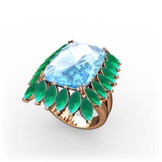 Akuamarin ve kök zümrüt 14 ayar rose altın yüzük