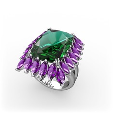 Yeşil kuvars ve ametist 14 ayar beyaz altın yüzük