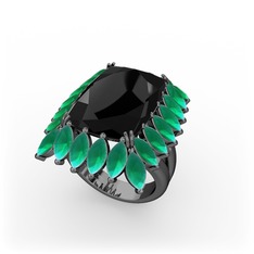 Paiva Yüzük - Siyah zirkon ve kök zümrüt 925 ayar siyah rodyum kaplama gümüş yüzük #1i6df56