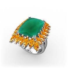 Kök zümrüt ve sitrin 14 ayar beyaz altın yüzük