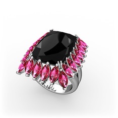 Siyah zirkon ve rodolit garnet 18 ayar beyaz altın yüzük