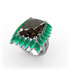 Paiva Yüzük - Dumanlı kuvars ve kök zümrüt 8 ayar beyaz altın yüzük #1qo1wsb