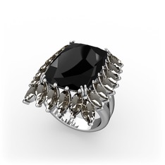 Paiva Yüzük - Siyah zirkon ve dumanlı kuvars 8 ayar beyaz altın yüzük #1rrpjwp