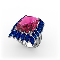 Rodolit garnet ve lab safir 8 ayar beyaz altın yüzük