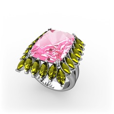 Paiva Yüzük - Pembe kuvars ve peridot 14 ayar beyaz altın yüzük #1yczvsf
