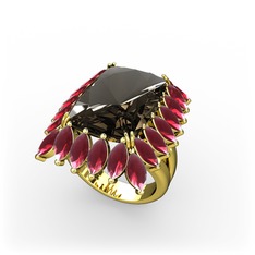 Dumanlı kuvars ve kök yakut 925 ayar altın kaplama gümüş yüzük