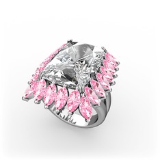 Paiva Yüzük - Swarovski ve pembe kuvars 14 ayar beyaz altın yüzük #1ysob33
