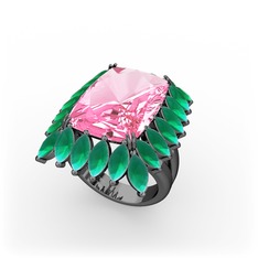 Pembe kuvars ve kök zümrüt 925 ayar siyah rodyum kaplama gümüş yüzük