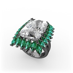 Paiva Yüzük - Beyaz zirkon ve yeşil kuvars 925 ayar siyah rodyum kaplama gümüş yüzük #6lzxm0