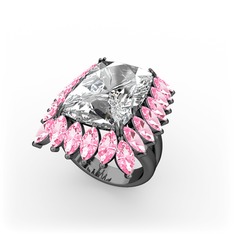 Paiva Yüzük - Swarovski ve pembe kuvars 925 ayar siyah rodyum kaplama gümüş yüzük #b0ls28