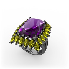 Ametist ve peridot 925 ayar siyah rodyum kaplama gümüş yüzük