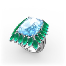 Akuamarin ve kök zümrüt 18 ayar beyaz altın yüzük