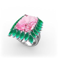 Pembe kuvars ve kök zümrüt 8 ayar beyaz altın yüzük