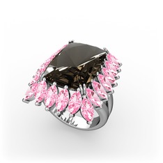 Paiva Yüzük - Dumanlı kuvars ve pembe kuvars 14 ayar beyaz altın yüzük #p0uelv