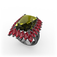 Paiva Yüzük - Peridot ve garnet 925 ayar siyah rodyum kaplama gümüş yüzük #s0ox12